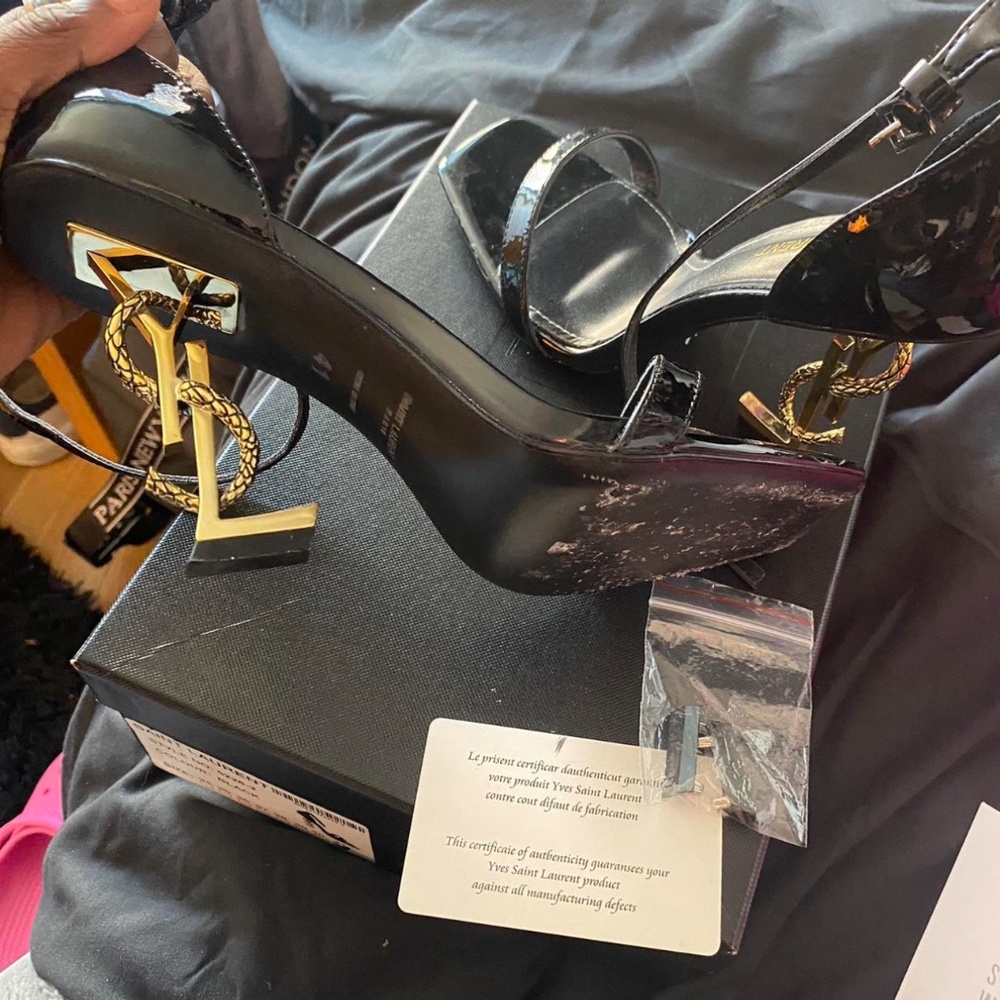 YSL OPYUM BLACK AND GOLD SANDAL HEELS